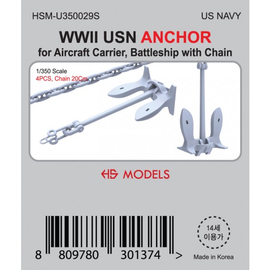 1/350 WWII USN ANCHOR (4pcs) for Aircraft Carrier, Battleship with 20cm Chain