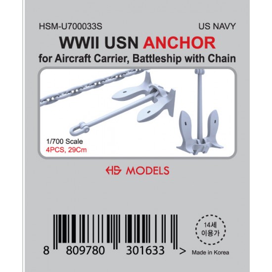 1/700 WWII USN ANCHOR (4pcs) for Aircraft Carrier, Battleship with 29cm Chain