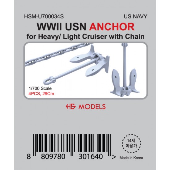 1/700 WWII USN ANCHOR (4pcs) for Heavy/ Light Cruiser with 29cm Chain