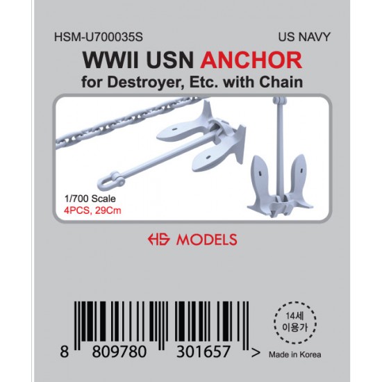 1/700 WWII USN ANCHOR (4pcs) for Destroyer, Etc. with 29cm Chain