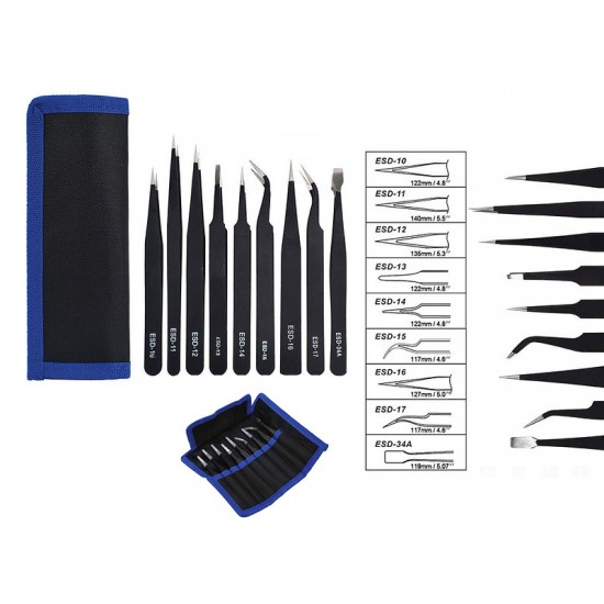 9 Piece Precision Tweezer Set w/Bag IckySticky 560302
