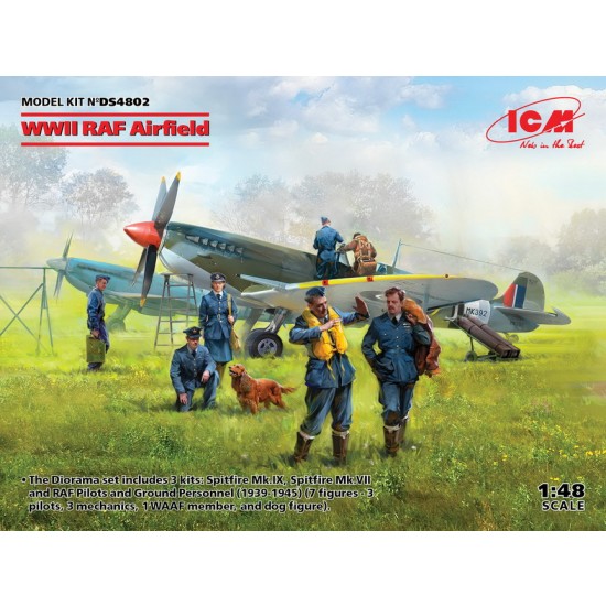 1/48 WWII RAF Airfield Spitfire IX, VII, Pilots & Ground Personnel (3 kits & 7 figures)