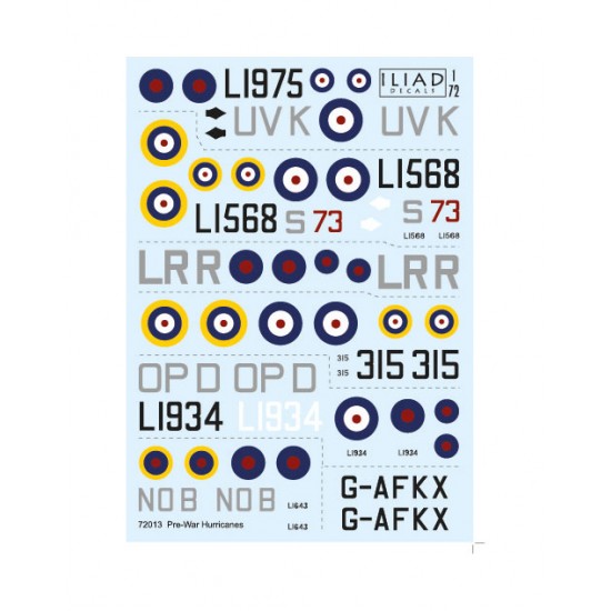 Decals for 1/72 Pre-War Hawker Hurricane Fighter Aircraft