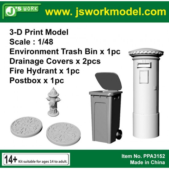 1/48 3D Print Environment Trash Bin, Drainage Covers (2pcs), Fire Hydrant, Postbox
