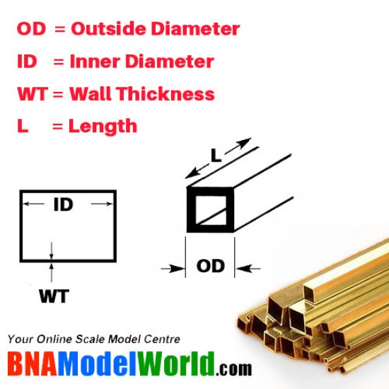 Square Brass Tube - OD: 4.76mm, L: 304.8mm, WT: 0.3556mm