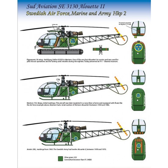 Decals for 1/48 Hkp2 Alouette II in Swedish Airforce, Marine and Army service