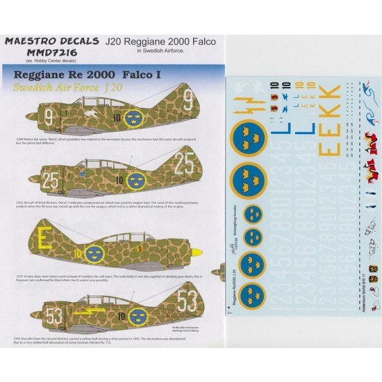 Decals for 1/72 J20 Reggiane 2000 Falco in Swedish Airforce Service