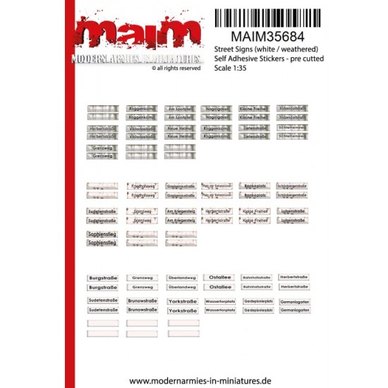 1/35 Street Signs (White / Weathered) Pre Cutted Self Adhesive Stickers
