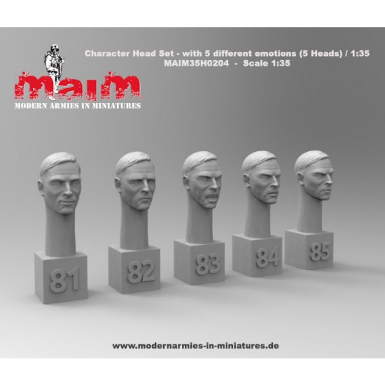 1/35 Chracter Head Set with 5 Different Emotions (5pcs, resin)