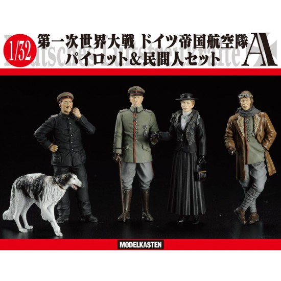 1/32 WWI German Empire Air Corps Pilot and Civilian Set A (4 Figures + 1 dog)