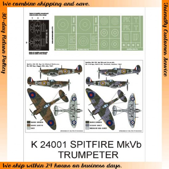 1/24 Supermarine Spitfire MkVB Paint Mask for Trumpeter (Canopy Masks + Insignia Masks)