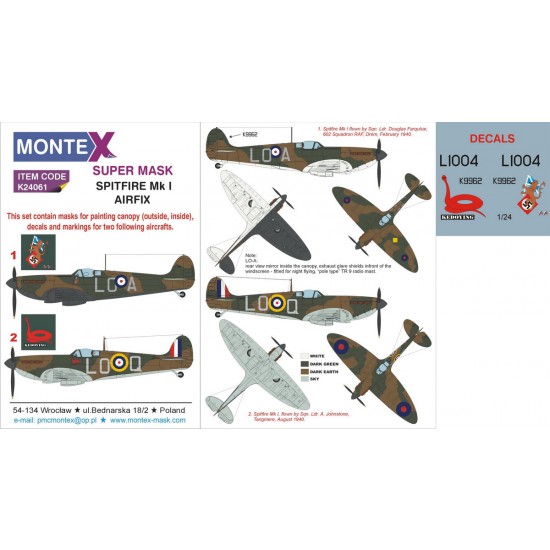 1/24 Spitfire MK.I Paint Mask for Airfix kit (Canopy Masks + Insignia Masks + Decals)