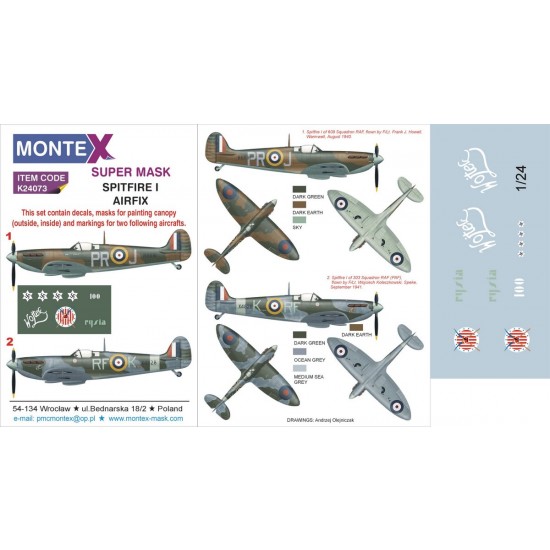 1/24 Spitfire Mk.I Paint Mask for Airfix kit (Canopy Masks + Insignia Masks + Decals)