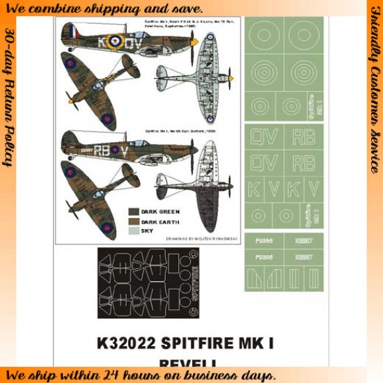 1/32 Spitfire Mk I Paint Mask for Revell/Hasegawa (Canopy Masks + Insignia Masks)