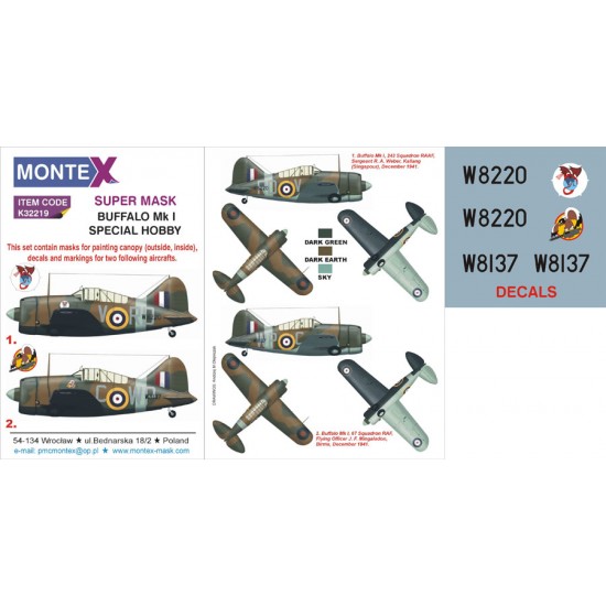 1/32 Brewster Buffalo MK I Canopy Masks + Insignia Masks + Decals for Special Hobby