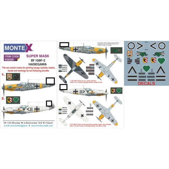 1/32 Messerschmitt Bf 109F-2 Canopy Masks + Insignia Masks + Decals Vol.2 for Hasegawa
