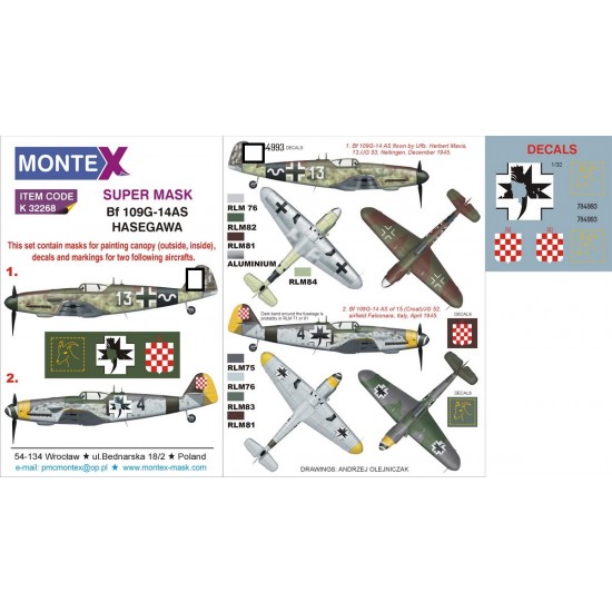 1/32 Bf-109G-14AS Paint Mask for Hasegawa kit (Canopy Masks + Insignia Masks + Decals)