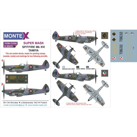 1/32 Spitfire Mk.XVI Paint Mask for Tamiya kit (Canopy Masks + Insignia Masks + Decals)