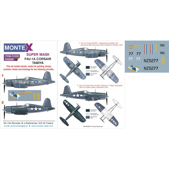 1/32 Vought F4U-1A Corsair Paint Mask for Tamiya kit (Insignia & Canopy Masks + Decals)