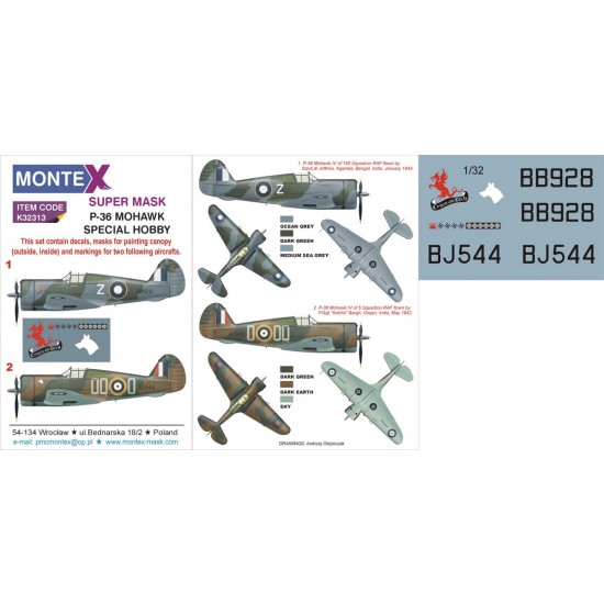 1/32 P-36 Mohawk Paint Mask for Special Hobby kit (Canopy Masks + Insignia Masks + Decals)