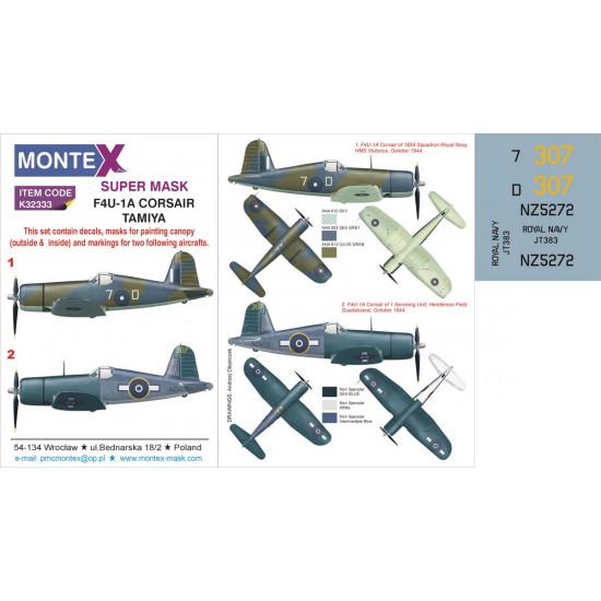 1/32 Vought F4U-1A Corsair Paint Mask for Tamiya (Canopy Masks + Insignia Masks + Decals)