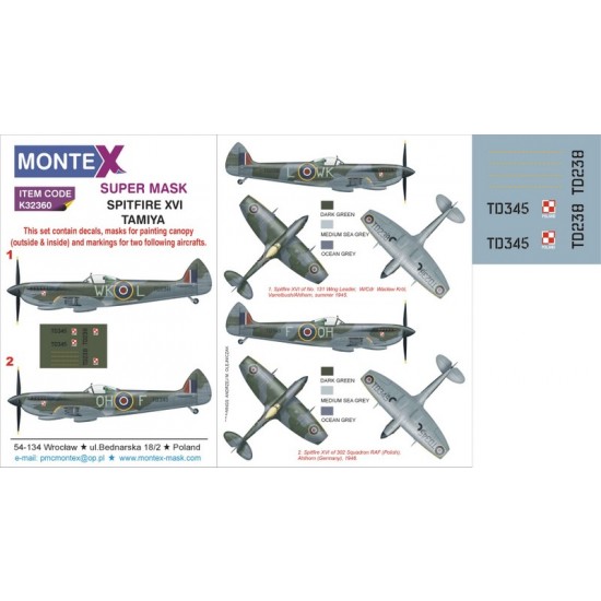 1/32 Spitfire XVI  Paint Mask for Tamiya kits (Insignia & Canopy Masks + Decals)