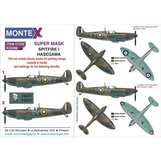 1/32 Supermarine Spitfire I Paint Masks for Hasegawa (2x canopy & 2x insignia w/decals)