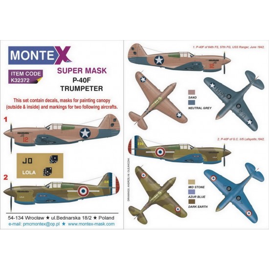 1/32 Curtiss P-40F Warhawk Paint Masks for Trumpeter (2x canopy & 2x insignia w/decals)