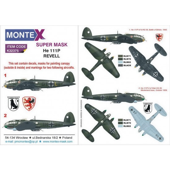 1/32 Heinkel He-111P Paint Masks for Revell kits (2x canopy & 6x insignia masks w/decals)