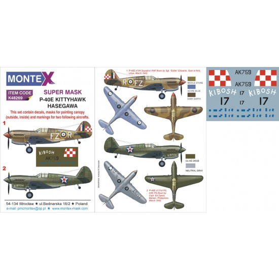 1/48 Curtiss P-40E Kittyhawk Paint Mask for Hasegawa (Insignia&Canopy Masks+Decals)