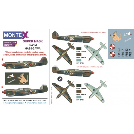 1/48 Curtiss P-40M Kittyhawk Paint Mask for Hasegawa kit (Insignia&Canopy Masks+Decals)