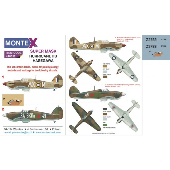 1/48 Hurricane IIB  Paint Mask for Hasegawa kits (Canopy Masks + Decals)