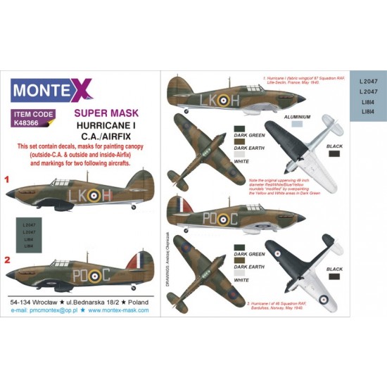 1/48 Hurricane I Paint Mask for C.A./Airfix (Insignia & Canopy Masks + Decals)