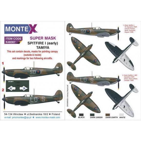 1/48 Supermarine Spitfire I Early Paint Masks for Tamiya (2x canopy & insignia w/decals)