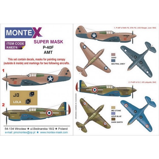 1/48 Curtiss P-40F Warhawk Paint Masks for AMT kits (2x canopy & 1x insignia w/decals)