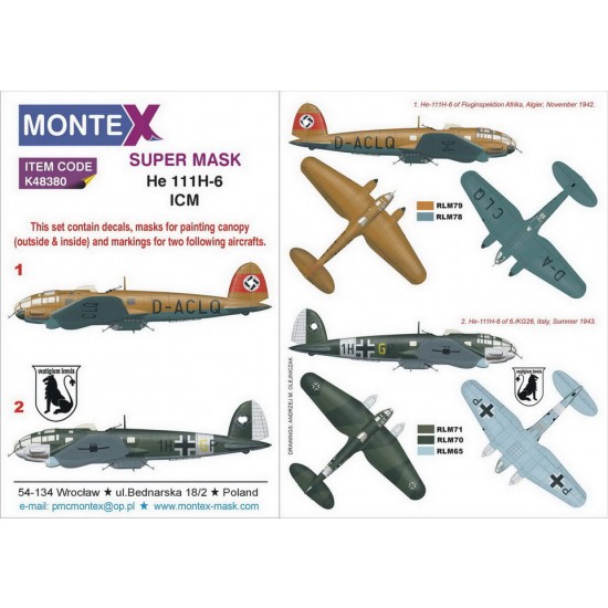 1/48 Heinkel He-111H-6 Paint Masks for ICM kits (2x canopy & 3x insignia masks w/decals)