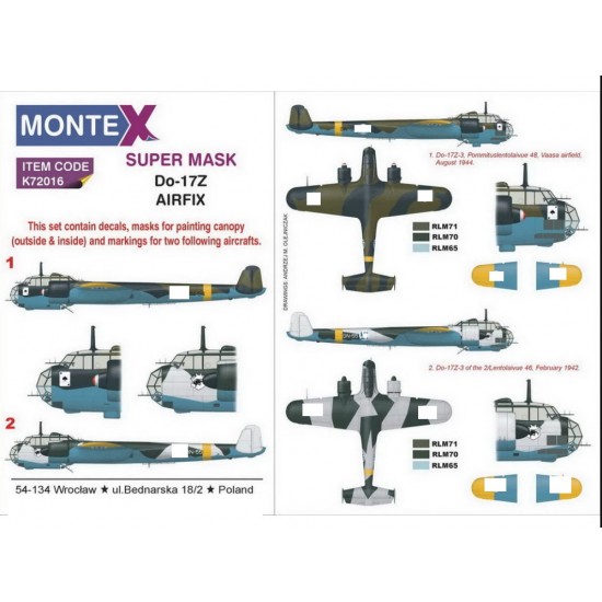 1/72 Dornier Do-17Z Paint Masks for Airfix (1x canopy outside & 1x insignia w/decals)