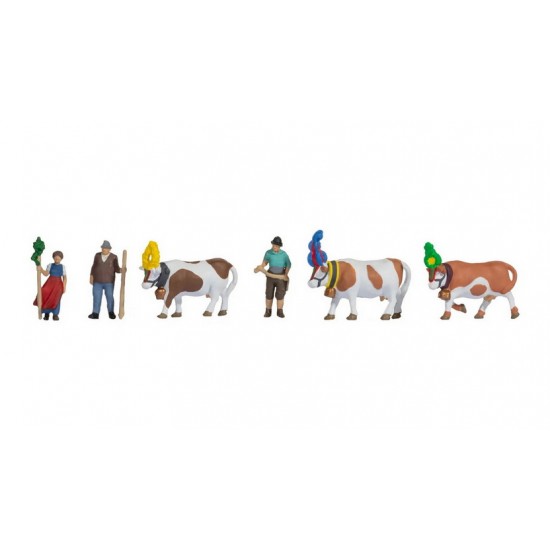 HO Scale Alpine Cattle Drive (3 coloured figures with 3 cows)