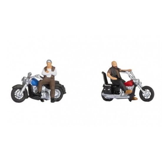 HO Scale Rockers on Motorbikes (2 coloured figures with motorcycles)