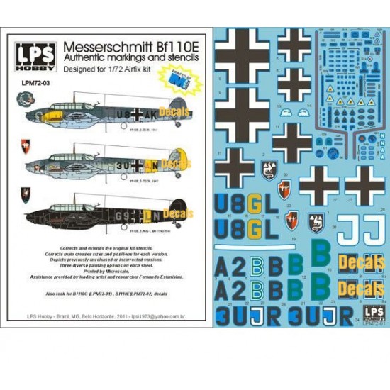 1/72 Luftwaffe Messerschmitt Bf 110E Markings & Stencils Decals for Airfix kits
