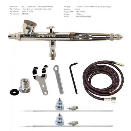 Double Action Internal Mix Gravity Feed Airbrush w/0.25, 0.38 & 0.66mm Heads 