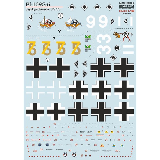 1/48 Messerschmitt Bf-109G-6. Jagdgeschwader JG.53 Decal Part 1. 