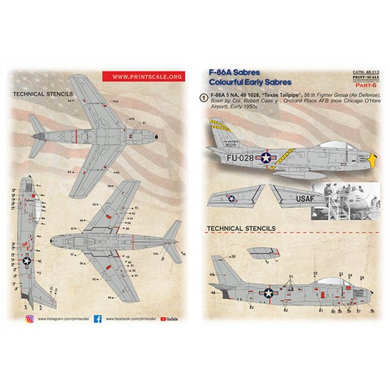 1/48 F-86A Colourful Early Sabres Decal Part 6 - 5 NA, 49 1028 Texas Tailpipe