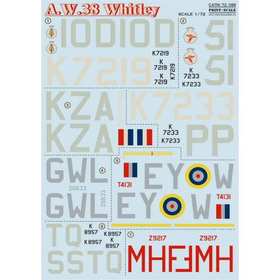 1/72 Armstrong Whitworth A.W.38 Whitley (2 leaf) Decals