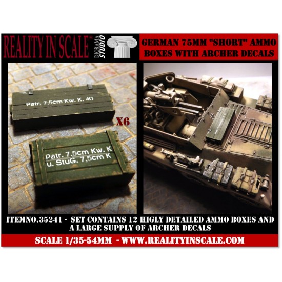 1/35 German 75mm Short Ammo Boxes (12 resin pieces and Archer decals)