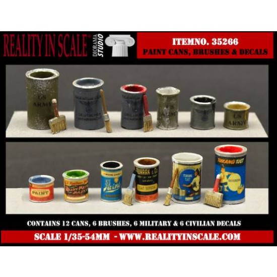 1/35 Paint Cans (12pcs), Brushes (6pcs) & Decals (6 x military, 6 x civilian)