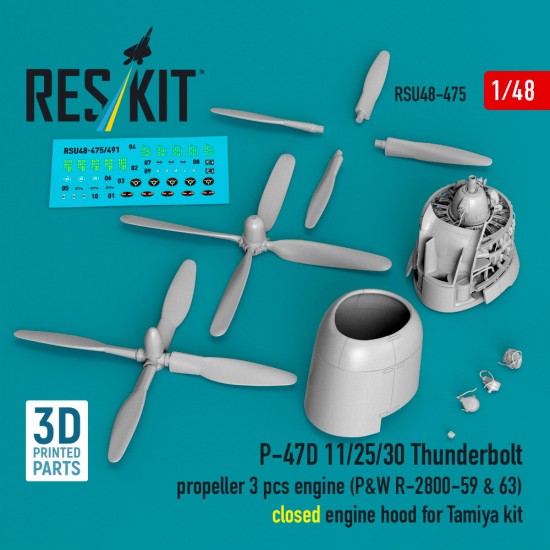 1/48 P-47D Propeller (3) & R-2800 Engine Closed Hood for Tamiya Reskit ...