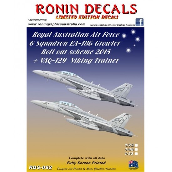 1/72 RAAF 6 Squadron EA-18G Growler Roll 2015 w/VAQ-126 Decals for Hasegawa kits