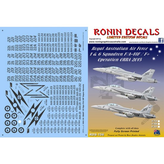 1/48 RAAF 1 & 6 Squadron F/A-18F w/Op Okra 2015-18 Decals for Hasegawa kits