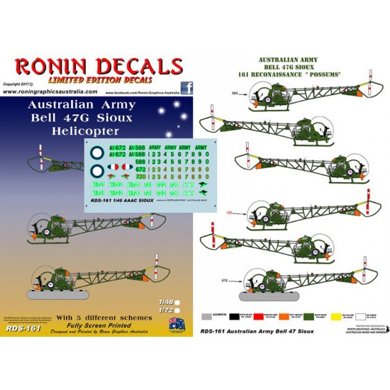 Decals for 1/72 RAAF Aus Army Bell 47G Sioux Helicopter